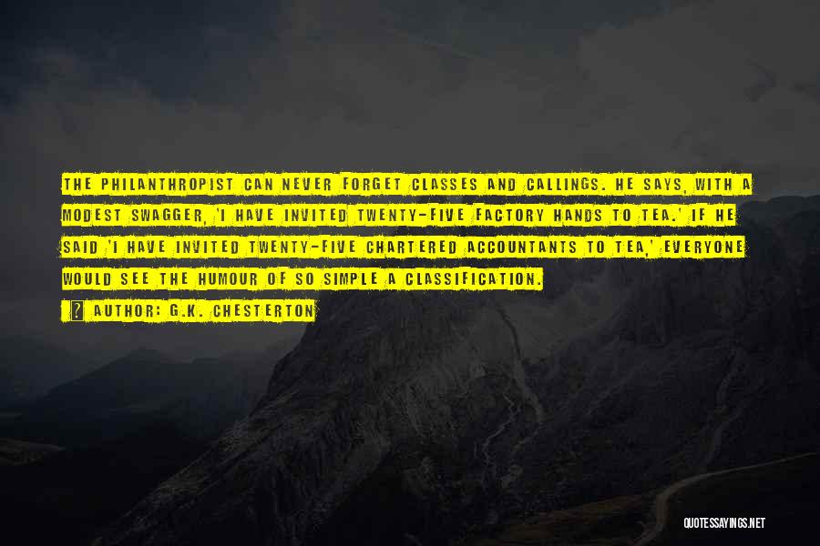 G.K. Chesterton Quotes: The Philanthropist Can Never Forget Classes And Callings. He Says, With A Modest Swagger, 'i Have Invited Twenty-five Factory Hands