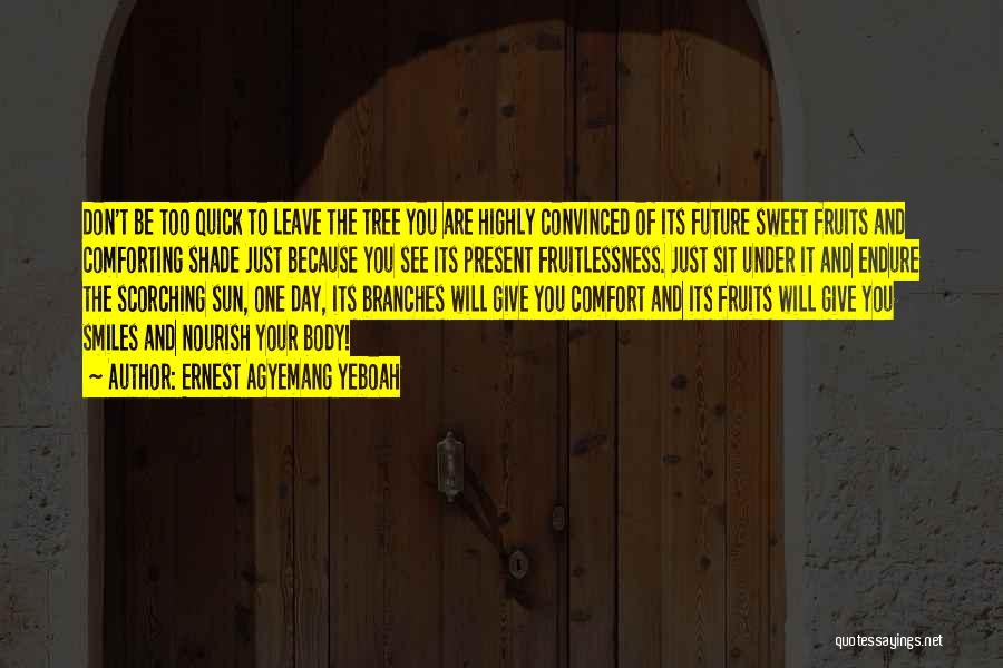 Ernest Agyemang Yeboah Quotes: Don't Be Too Quick To Leave The Tree You Are Highly Convinced Of Its Future Sweet Fruits And Comforting Shade