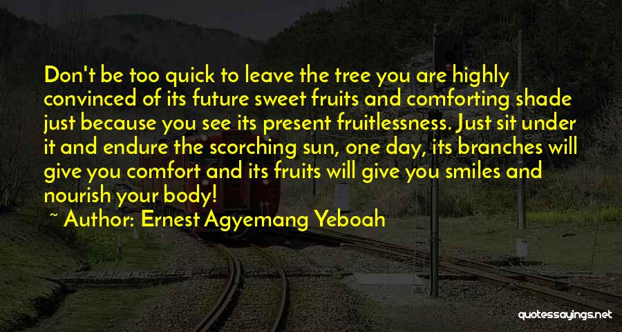 Ernest Agyemang Yeboah Quotes: Don't Be Too Quick To Leave The Tree You Are Highly Convinced Of Its Future Sweet Fruits And Comforting Shade