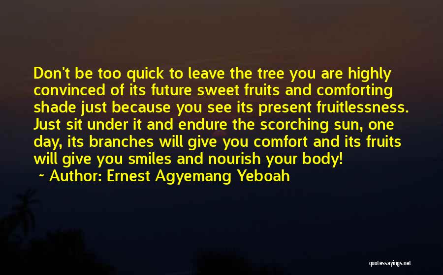 Ernest Agyemang Yeboah Quotes: Don't Be Too Quick To Leave The Tree You Are Highly Convinced Of Its Future Sweet Fruits And Comforting Shade