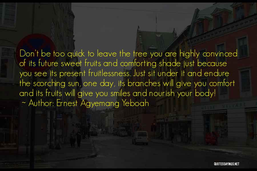 Ernest Agyemang Yeboah Quotes: Don't Be Too Quick To Leave The Tree You Are Highly Convinced Of Its Future Sweet Fruits And Comforting Shade