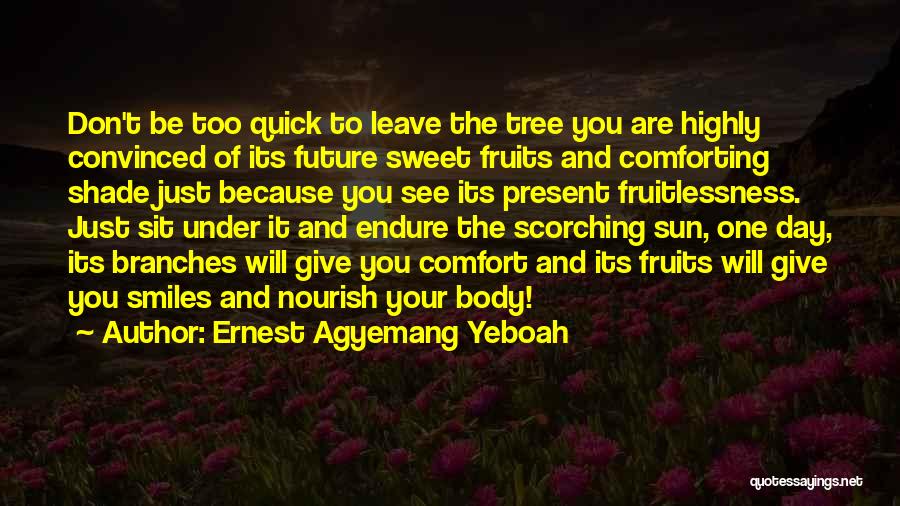 Ernest Agyemang Yeboah Quotes: Don't Be Too Quick To Leave The Tree You Are Highly Convinced Of Its Future Sweet Fruits And Comforting Shade