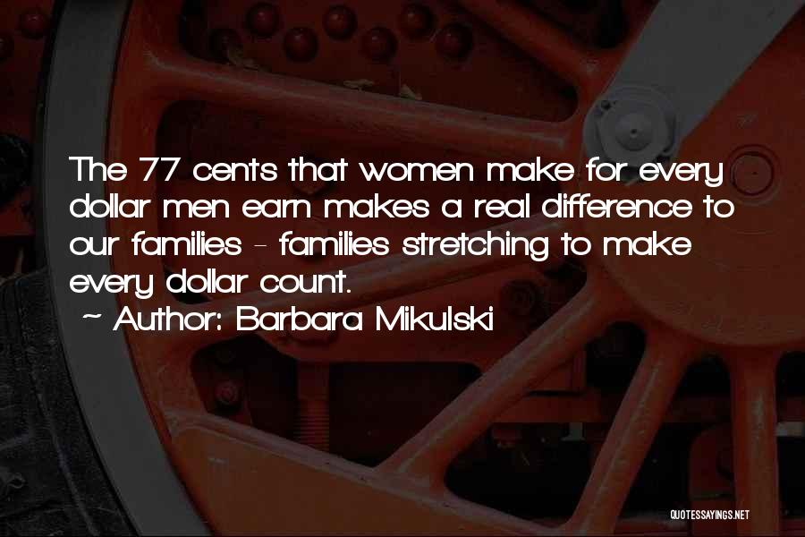 Barbara Mikulski Quotes: The 77 Cents That Women Make For Every Dollar Men Earn Makes A Real Difference To Our Families - Families