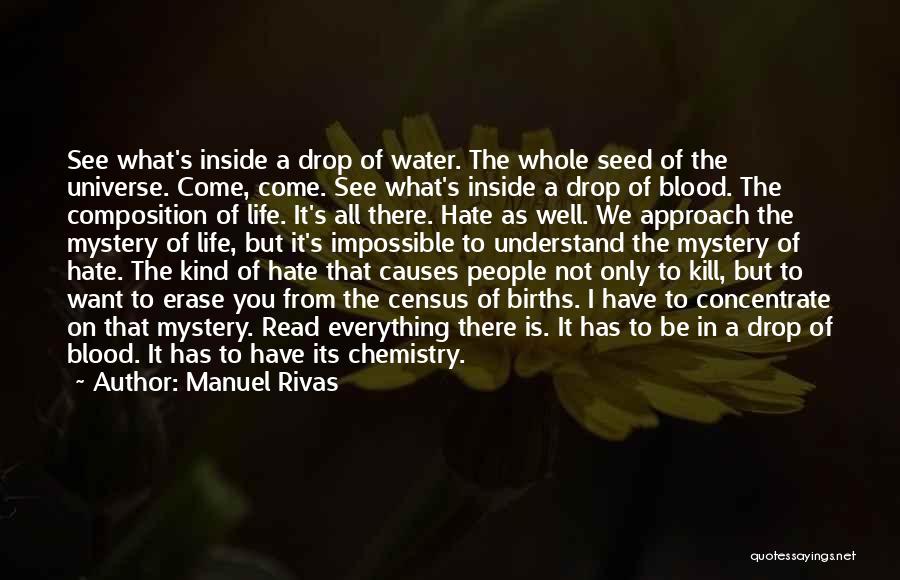 Manuel Rivas Quotes: See What's Inside A Drop Of Water. The Whole Seed Of The Universe. Come, Come. See What's Inside A Drop