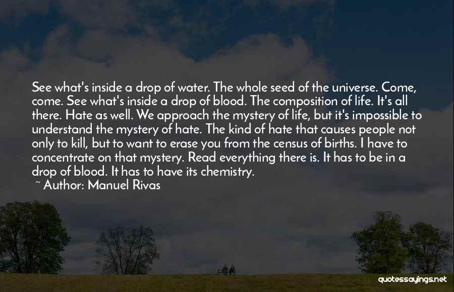 Manuel Rivas Quotes: See What's Inside A Drop Of Water. The Whole Seed Of The Universe. Come, Come. See What's Inside A Drop