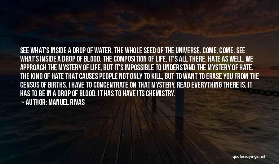 Manuel Rivas Quotes: See What's Inside A Drop Of Water. The Whole Seed Of The Universe. Come, Come. See What's Inside A Drop