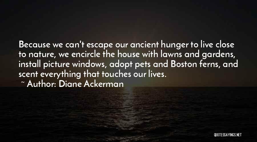 Diane Ackerman Quotes: Because We Can't Escape Our Ancient Hunger To Live Close To Nature, We Encircle The House With Lawns And Gardens,