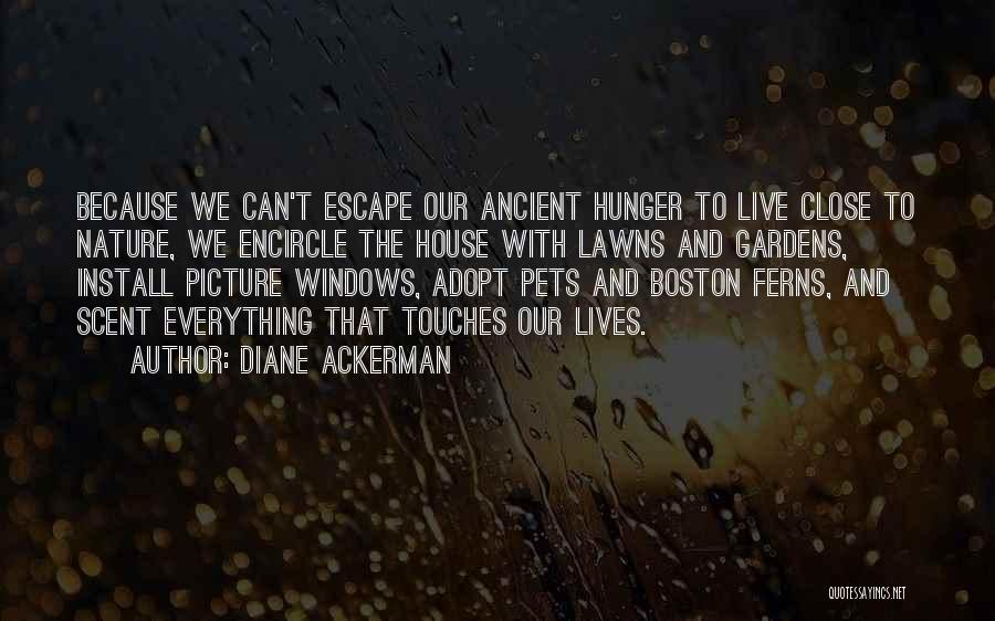 Diane Ackerman Quotes: Because We Can't Escape Our Ancient Hunger To Live Close To Nature, We Encircle The House With Lawns And Gardens,