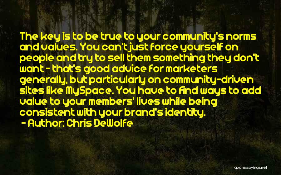 Chris DeWolfe Quotes: The Key Is To Be True To Your Community's Norms And Values. You Can't Just Force Yourself On People And