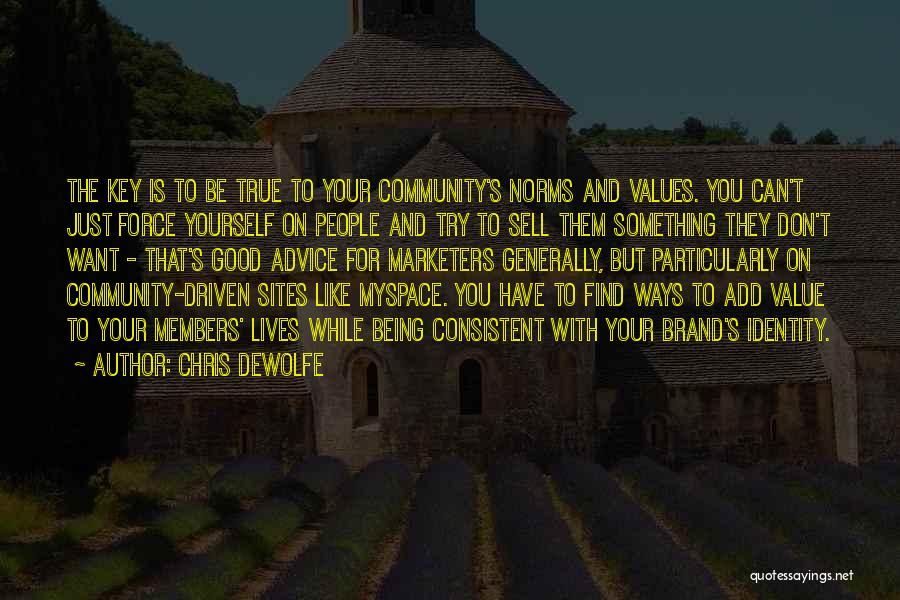 Chris DeWolfe Quotes: The Key Is To Be True To Your Community's Norms And Values. You Can't Just Force Yourself On People And