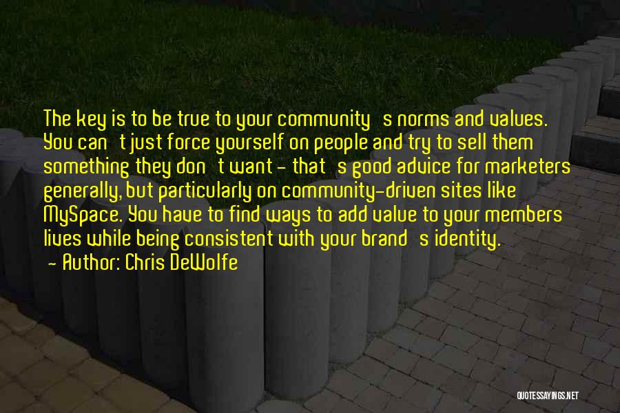 Chris DeWolfe Quotes: The Key Is To Be True To Your Community's Norms And Values. You Can't Just Force Yourself On People And