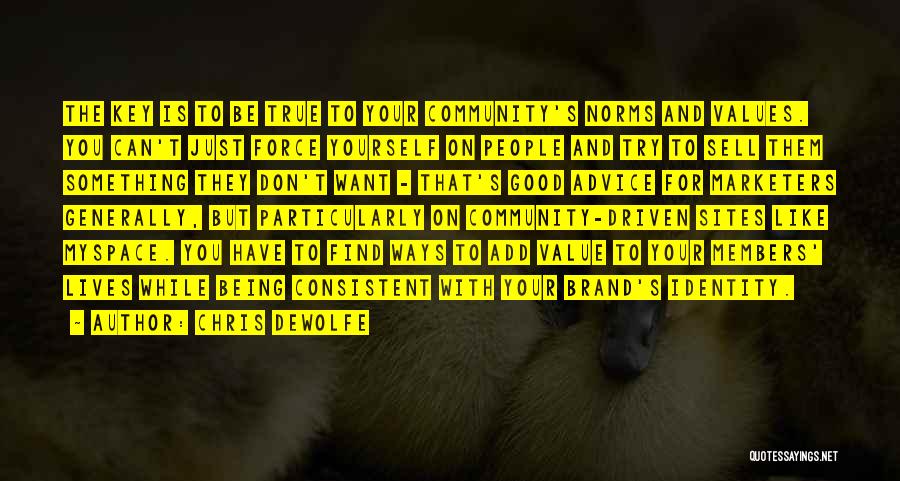 Chris DeWolfe Quotes: The Key Is To Be True To Your Community's Norms And Values. You Can't Just Force Yourself On People And