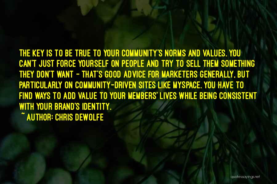 Chris DeWolfe Quotes: The Key Is To Be True To Your Community's Norms And Values. You Can't Just Force Yourself On People And