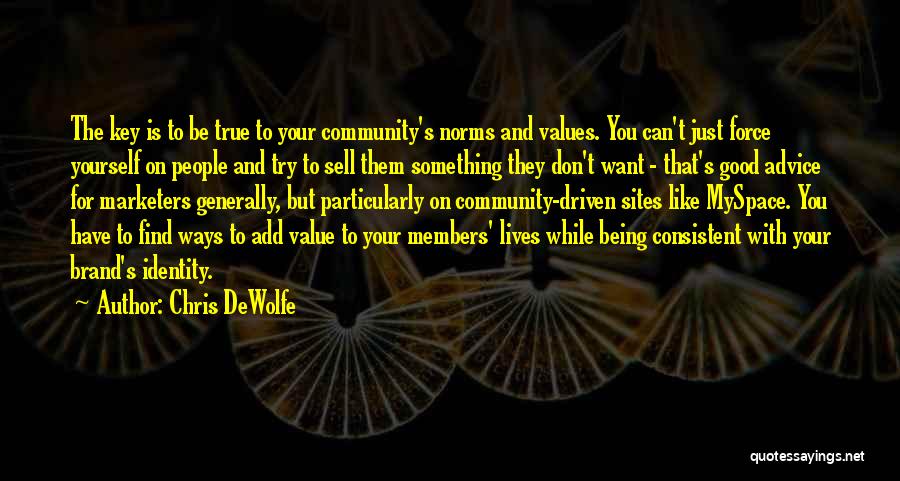 Chris DeWolfe Quotes: The Key Is To Be True To Your Community's Norms And Values. You Can't Just Force Yourself On People And