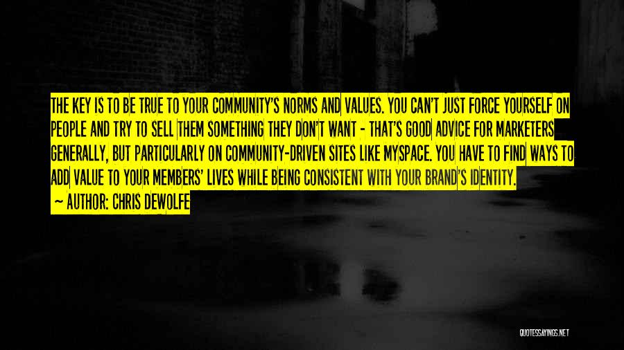 Chris DeWolfe Quotes: The Key Is To Be True To Your Community's Norms And Values. You Can't Just Force Yourself On People And