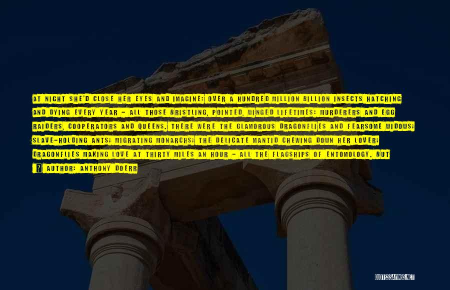 Anthony Doerr Quotes: At Night She'd Close Her Eyes And Imagine: Over A Hundred Million Billion Insects Hatching And Dying Every Year -