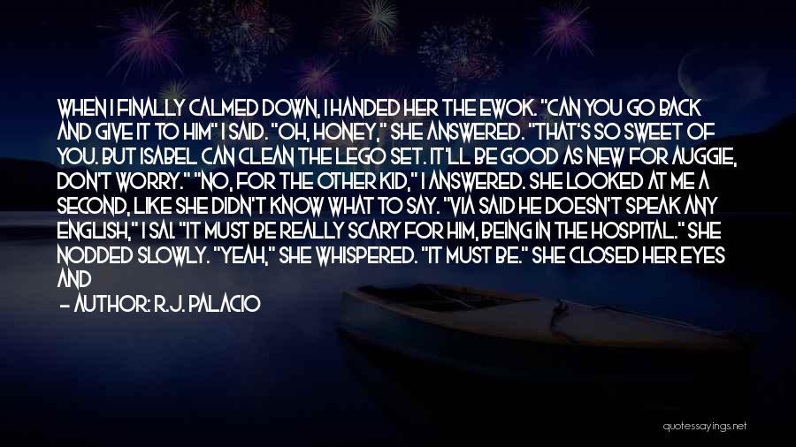 R.J. Palacio Quotes: When I Finally Calmed Down, I Handed Her The Ewok. Can You Go Back And Give It To Him I