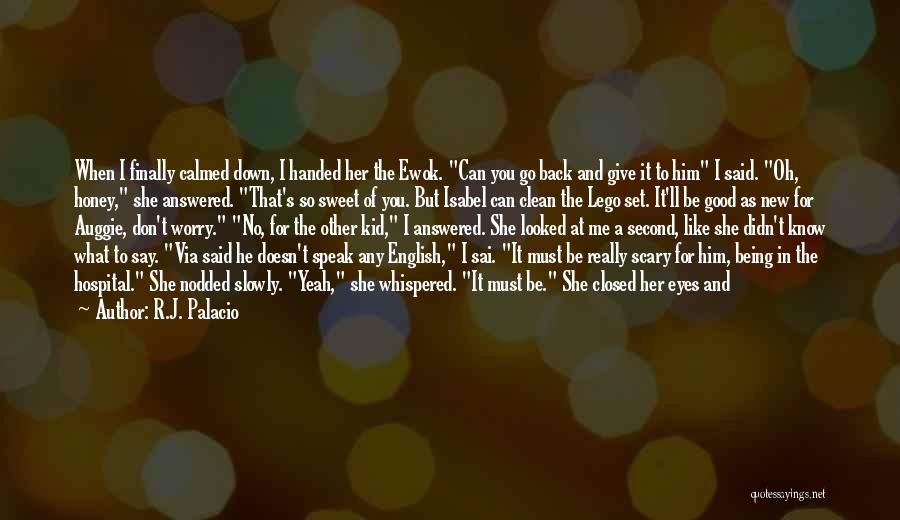 R.J. Palacio Quotes: When I Finally Calmed Down, I Handed Her The Ewok. Can You Go Back And Give It To Him I