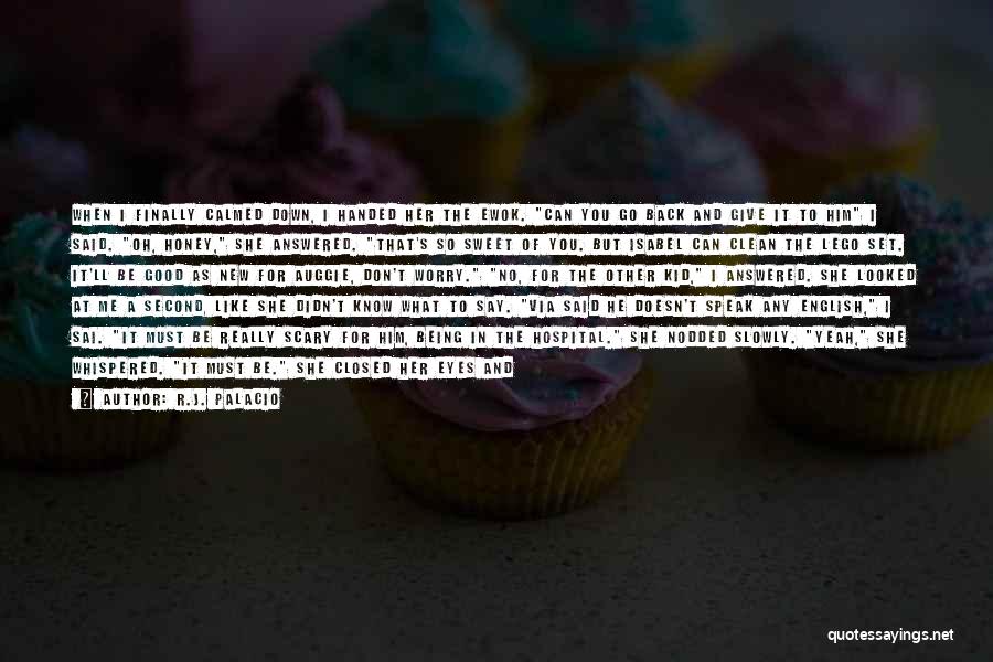 R.J. Palacio Quotes: When I Finally Calmed Down, I Handed Her The Ewok. Can You Go Back And Give It To Him I