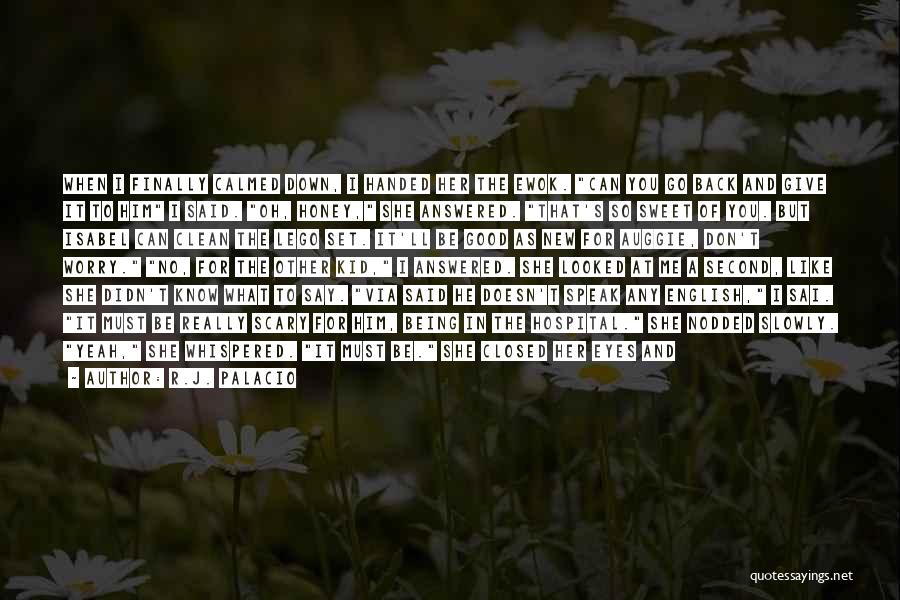 R.J. Palacio Quotes: When I Finally Calmed Down, I Handed Her The Ewok. Can You Go Back And Give It To Him I