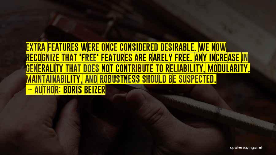 Boris Beizer Quotes: Extra Features Were Once Considered Desirable. We Now Recognize That 'free' Features Are Rarely Free. Any Increase In Generality That