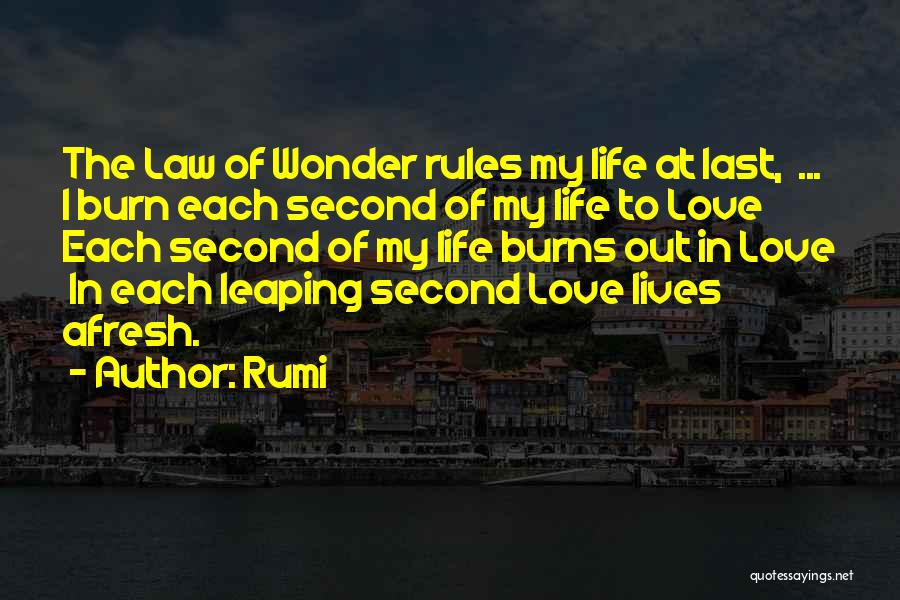 Rumi Quotes: The Law Of Wonder Rules My Life At Last, ... I Burn Each Second Of My Life To Love Each