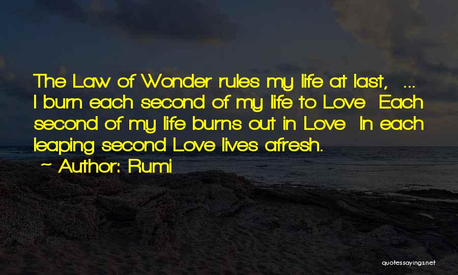 Rumi Quotes: The Law Of Wonder Rules My Life At Last, ... I Burn Each Second Of My Life To Love Each