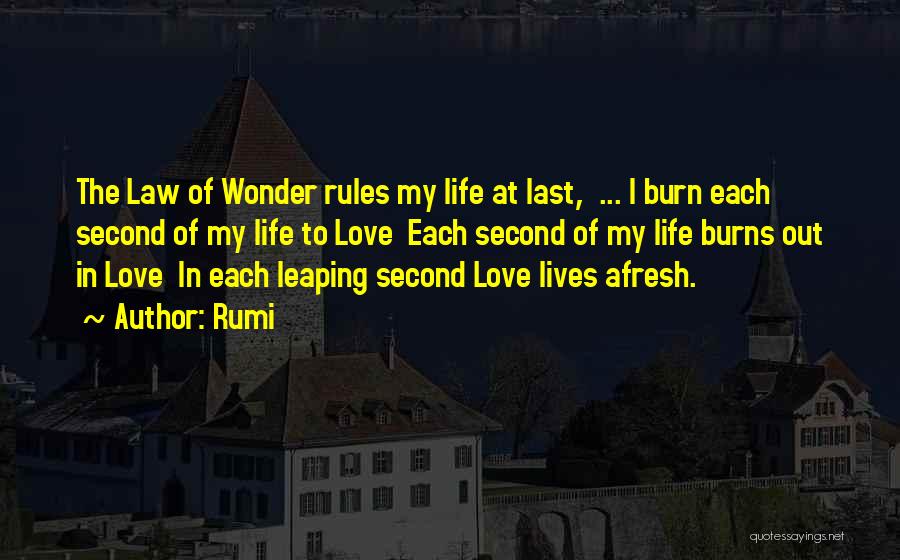Rumi Quotes: The Law Of Wonder Rules My Life At Last, ... I Burn Each Second Of My Life To Love Each