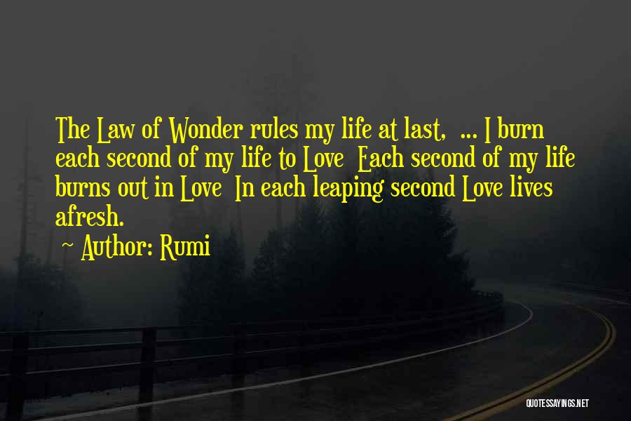 Rumi Quotes: The Law Of Wonder Rules My Life At Last, ... I Burn Each Second Of My Life To Love Each