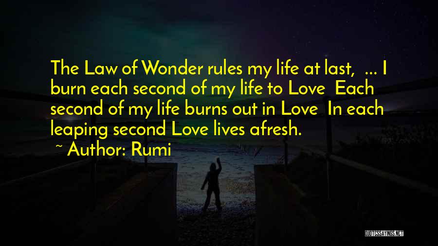 Rumi Quotes: The Law Of Wonder Rules My Life At Last, ... I Burn Each Second Of My Life To Love Each