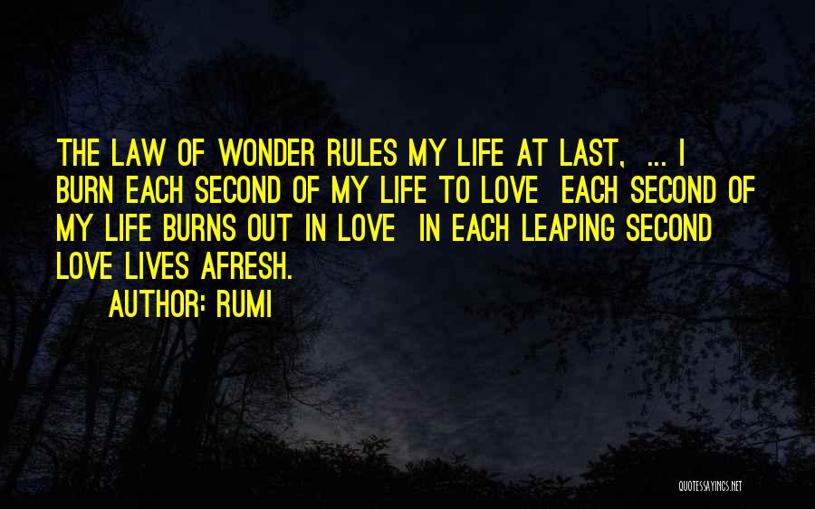 Rumi Quotes: The Law Of Wonder Rules My Life At Last, ... I Burn Each Second Of My Life To Love Each