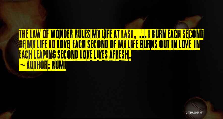 Rumi Quotes: The Law Of Wonder Rules My Life At Last, ... I Burn Each Second Of My Life To Love Each