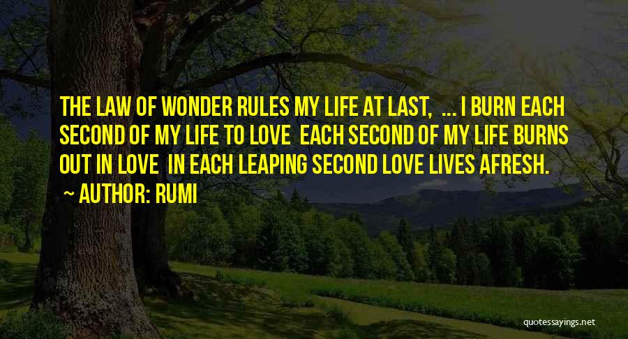 Rumi Quotes: The Law Of Wonder Rules My Life At Last, ... I Burn Each Second Of My Life To Love Each