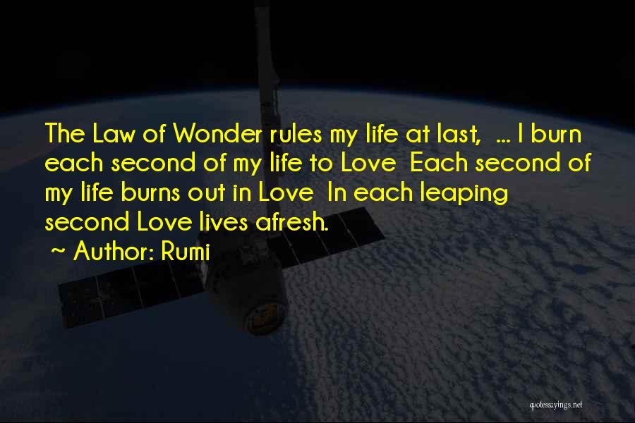 Rumi Quotes: The Law Of Wonder Rules My Life At Last, ... I Burn Each Second Of My Life To Love Each