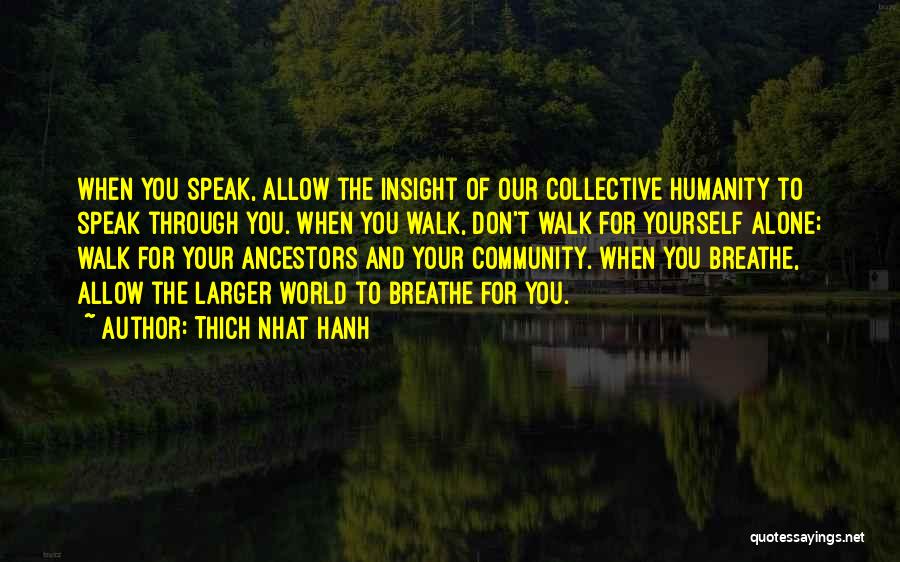 Thich Nhat Hanh Quotes: When You Speak, Allow The Insight Of Our Collective Humanity To Speak Through You. When You Walk, Don't Walk For