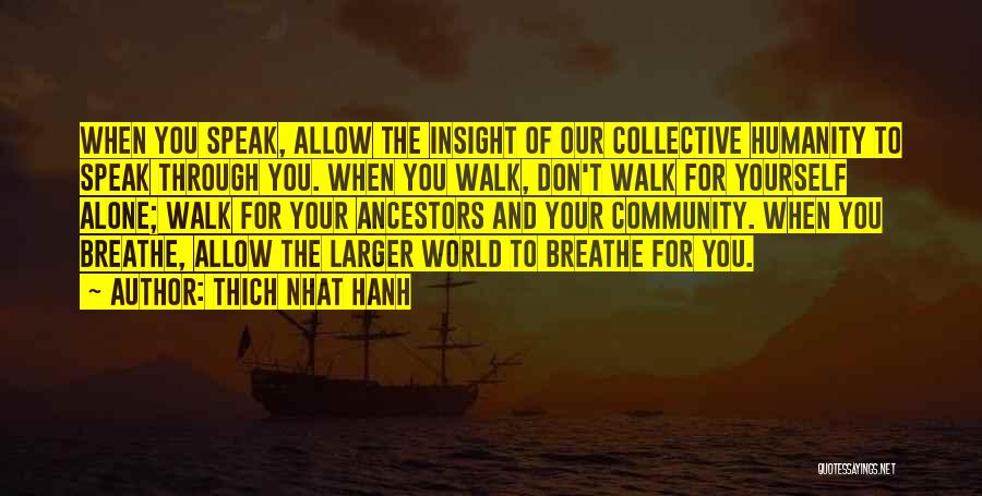 Thich Nhat Hanh Quotes: When You Speak, Allow The Insight Of Our Collective Humanity To Speak Through You. When You Walk, Don't Walk For