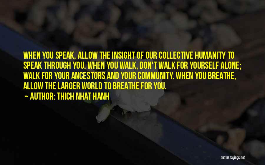 Thich Nhat Hanh Quotes: When You Speak, Allow The Insight Of Our Collective Humanity To Speak Through You. When You Walk, Don't Walk For