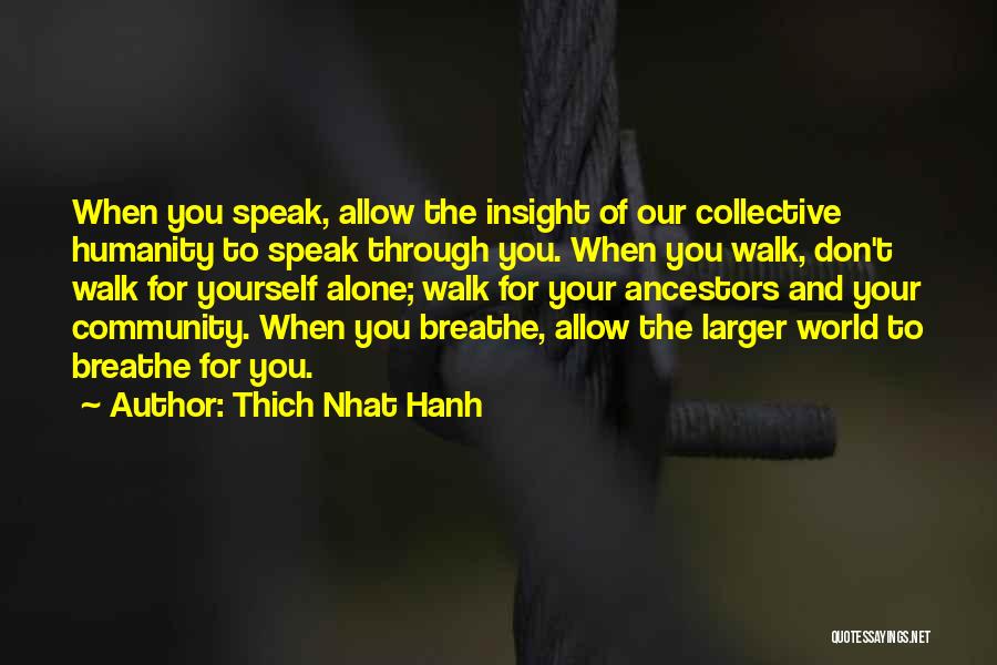 Thich Nhat Hanh Quotes: When You Speak, Allow The Insight Of Our Collective Humanity To Speak Through You. When You Walk, Don't Walk For