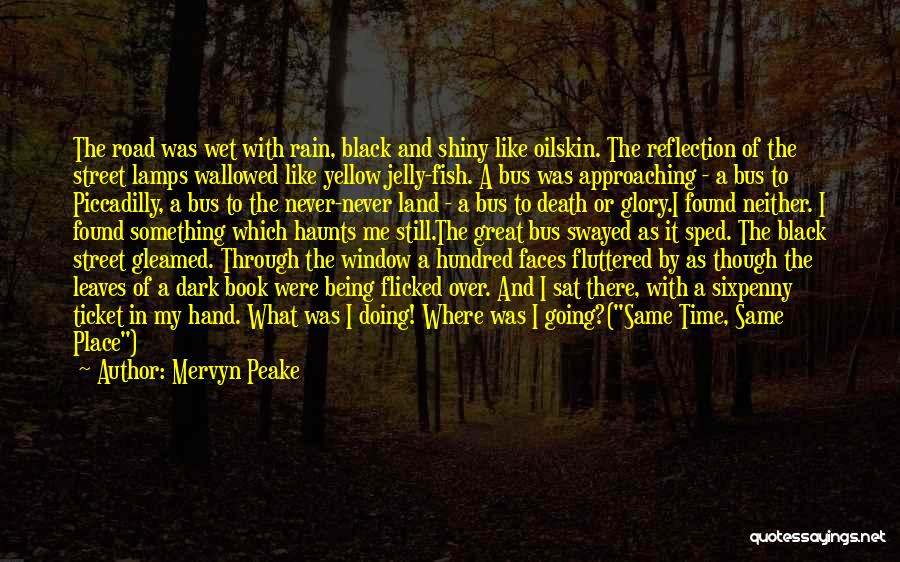 Mervyn Peake Quotes: The Road Was Wet With Rain, Black And Shiny Like Oilskin. The Reflection Of The Street Lamps Wallowed Like Yellow