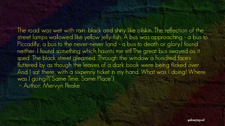 Mervyn Peake Quotes: The Road Was Wet With Rain, Black And Shiny Like Oilskin. The Reflection Of The Street Lamps Wallowed Like Yellow