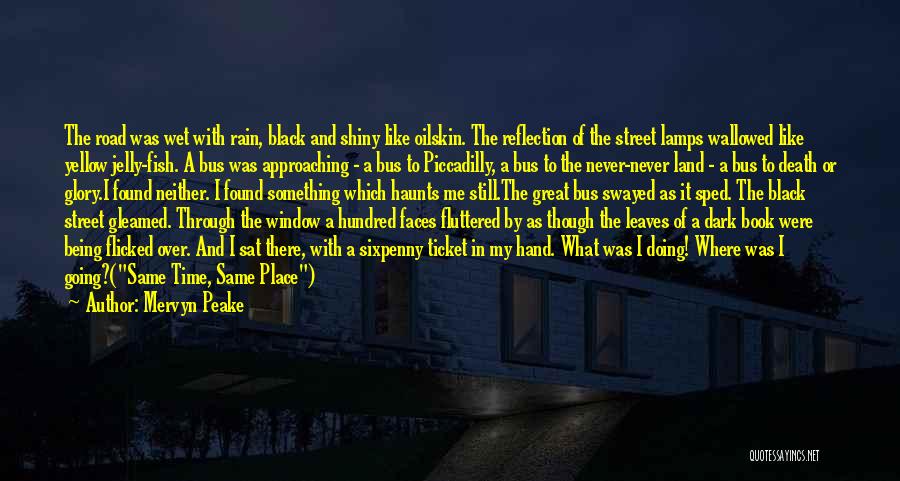 Mervyn Peake Quotes: The Road Was Wet With Rain, Black And Shiny Like Oilskin. The Reflection Of The Street Lamps Wallowed Like Yellow