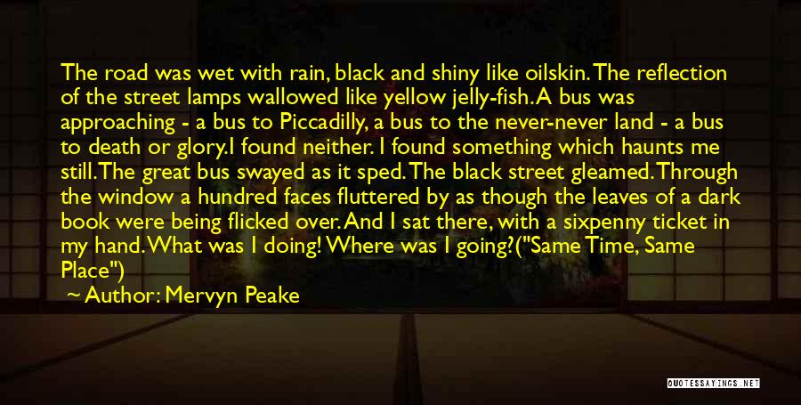 Mervyn Peake Quotes: The Road Was Wet With Rain, Black And Shiny Like Oilskin. The Reflection Of The Street Lamps Wallowed Like Yellow