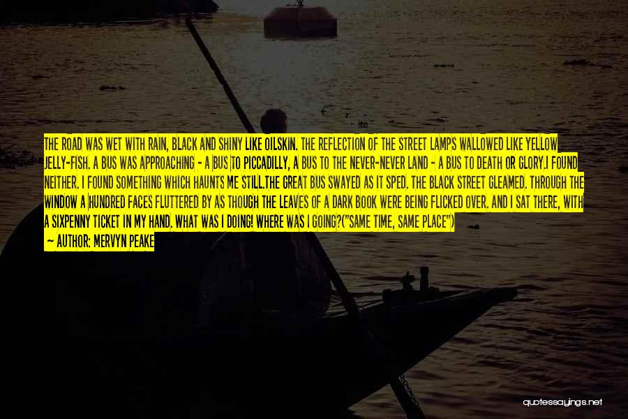 Mervyn Peake Quotes: The Road Was Wet With Rain, Black And Shiny Like Oilskin. The Reflection Of The Street Lamps Wallowed Like Yellow