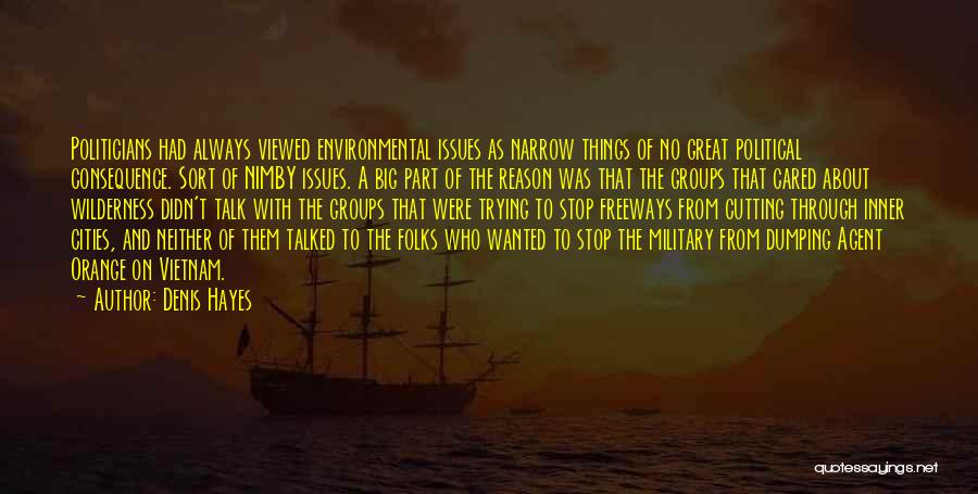 Denis Hayes Quotes: Politicians Had Always Viewed Environmental Issues As Narrow Things Of No Great Political Consequence. Sort Of Nimby Issues. A Big