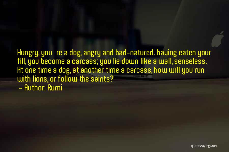 Rumi Quotes: Hungry, You're A Dog, Angry And Bad-natured. Having Eaten Your Fill, You Become A Carcass; You Lie Down Like A