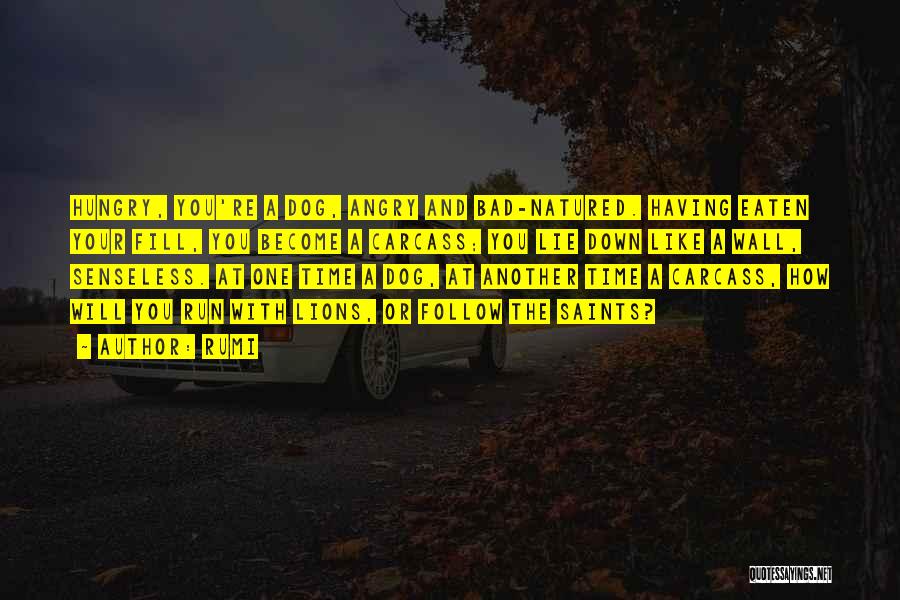 Rumi Quotes: Hungry, You're A Dog, Angry And Bad-natured. Having Eaten Your Fill, You Become A Carcass; You Lie Down Like A