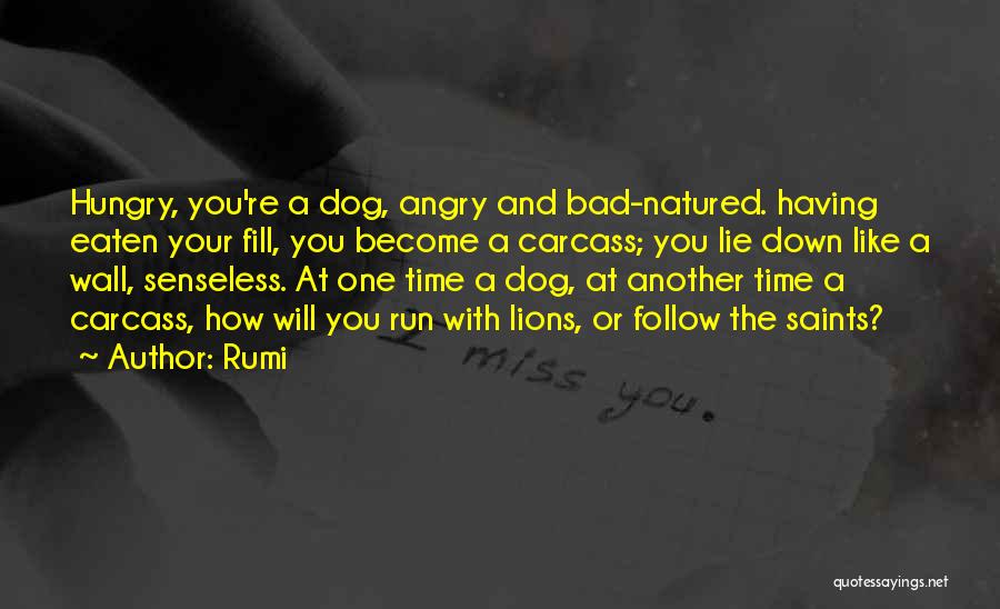 Rumi Quotes: Hungry, You're A Dog, Angry And Bad-natured. Having Eaten Your Fill, You Become A Carcass; You Lie Down Like A