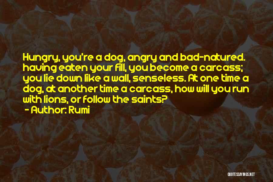 Rumi Quotes: Hungry, You're A Dog, Angry And Bad-natured. Having Eaten Your Fill, You Become A Carcass; You Lie Down Like A