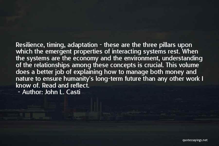 John L. Casti Quotes: Resilience, Timing, Adaptation - These Are The Three Pillars Upon Which The Emergent Properties Of Interacting Systems Rest. When The