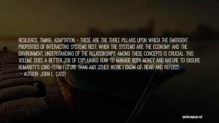 John L. Casti Quotes: Resilience, Timing, Adaptation - These Are The Three Pillars Upon Which The Emergent Properties Of Interacting Systems Rest. When The